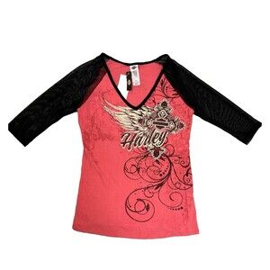 Harley Davidson Top See through 3/4 Mesh Sleeve Motorcycle Biker Las Vegas Sz S